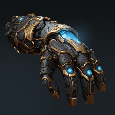 Massive armored gauntlet with rock features and blue power core