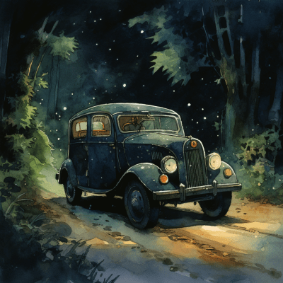 Dreamy watercolor of a mini moke car with a nostalgic Studio Ghibli vibe