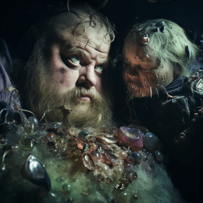 Close-up of two obese prospectors finding gems in a Lemurian crystal cave