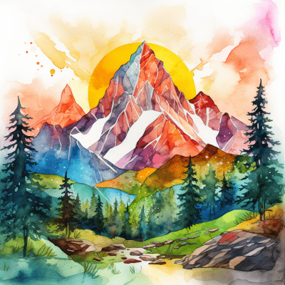 Vibrant Watercolor Mountain Landscape with Colorful Sunny Sky