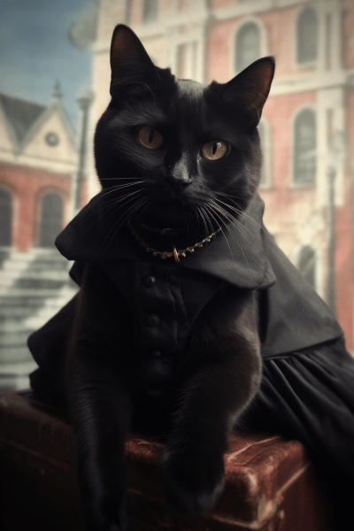 Whimsical black cat in Victorian attire in a Soviet-style town square