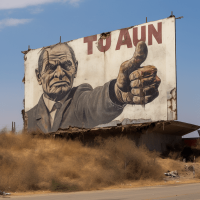 Worn-out billboard with political figure giving thumbs up and thanks