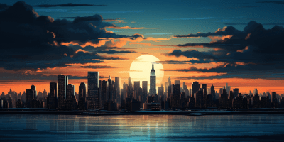 Vintage blue sunset over New York City in a 1950s travel poster style