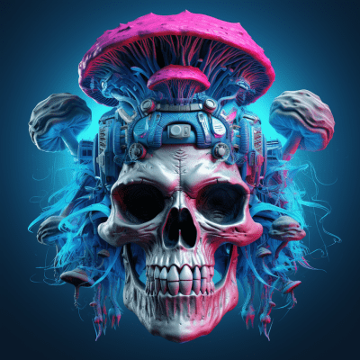 Futuristic cyberpunk skull characters inspired by Blue Meanie mushrooms