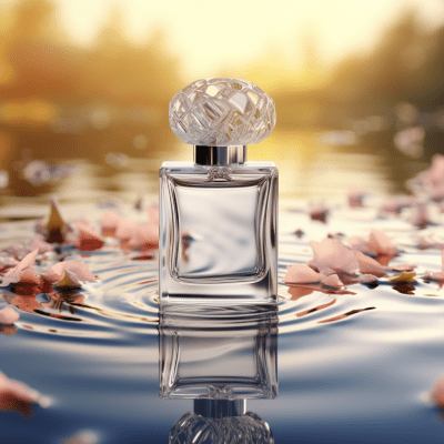 Elegant glass perfume bottle in water with leaves, dew, and sunlight