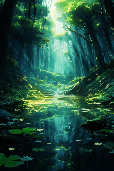 Fantasy forest anime scenery with sunrays and water reflection