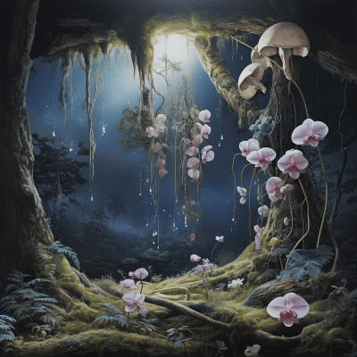 Mossy forest scene with orchids and bones under blue moonlight