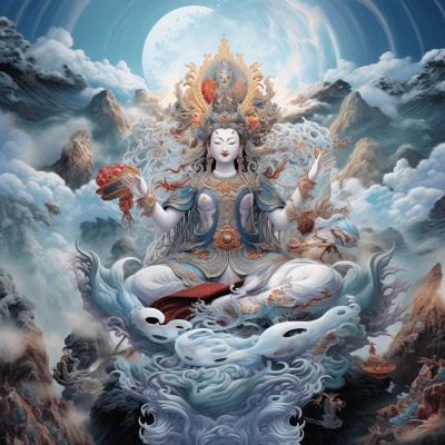 Avalokitesvara Bodhisattva amidst mountains and sea offering compassion