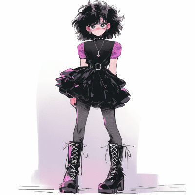 1980s anime style goth girl with bobcut and black lipstick