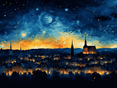 Silhouette of Siegen city skyline with a Van Gogh-inspired sky