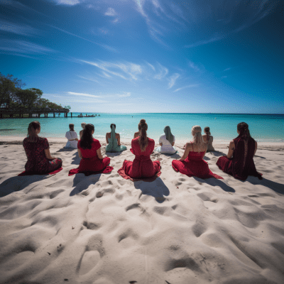 Slavic Women on Spiritual Retreat at Maldives Beach with Clear Skies