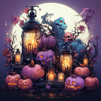 Pastel goth Halloween scene with potions, skulls, and pumpkins
