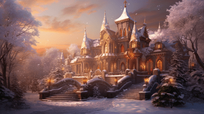 Fantasy manor with elvish design in a snowy winter wonderland