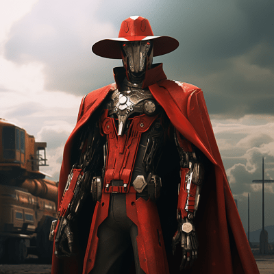 Futuristic robot cowboy with stylish red coat evoking adventure