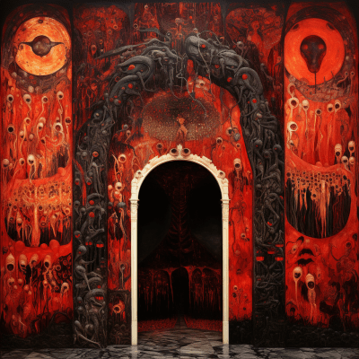 Artwork inspired by Gustav Klimt with Gates of Hell in red, black, and white