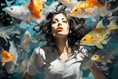 Vibrant painting of woman swimming with colorful fishes in the sea
