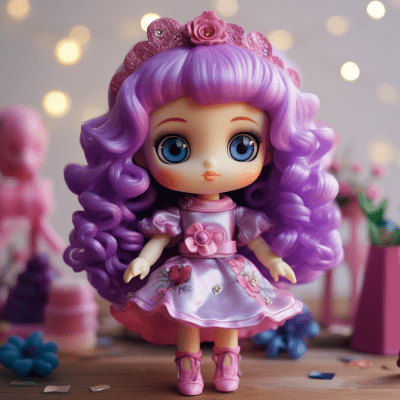 Cute kawaii-style designer vinyl toy baby in vibrant pinks and purples