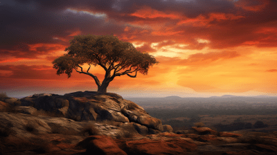 Fiery sunset behind a marula tree on a rocky hill with dark clouds