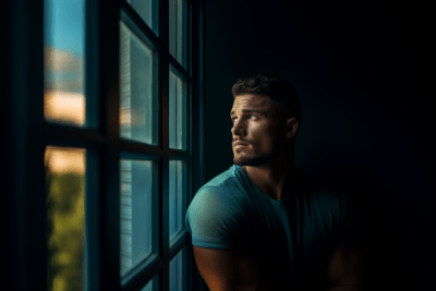 Hopeful man gazing out a window with teal and amber hues