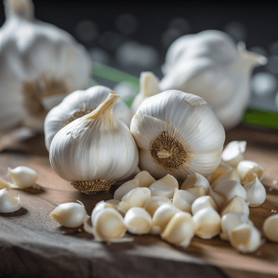 Ultra-detailed 32K resolution photorealistic garlic image with warm lighting