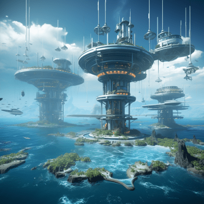 Futuristic ocean planet with offshore platforms and spaceships
