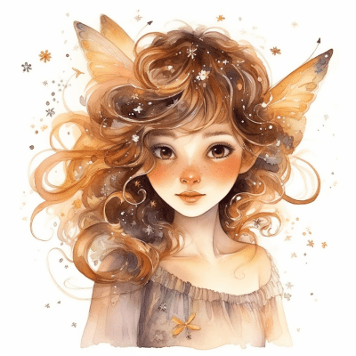 Whimsical Fairy Illustration with Starry Dress and Twinkling Eyes