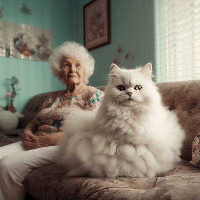 Realistic cat with fluffy white fur and crochet-doll grandma on sofa