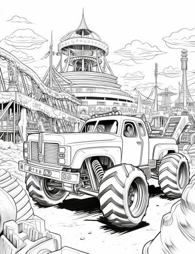 Retro black and white monster truck rally with cartoon style