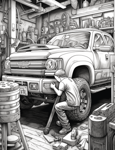 Cartoon-style sketch of mechanic repairing a monster truck