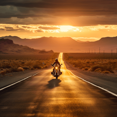 Motorcyclist riding through Nevada’s scenic roads at golden hour