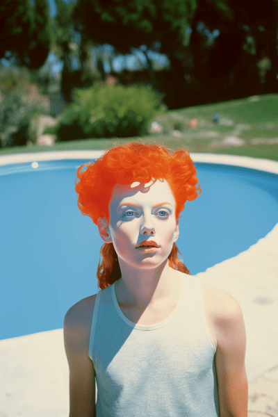 Surrealist digital painting of albino model by pool in 1970s style