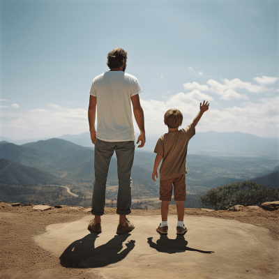 Middle-aged man and boy holding hands looking up with nostalgia