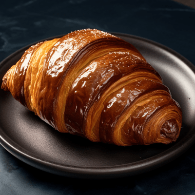 Birds-eye view of a chocolate croissant on a plate with dramatic lighting