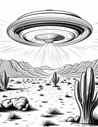 Retro 1950s UFO with laser beam over desert in black and white