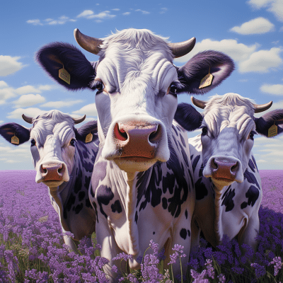 Ultra-realistic 12k image of two regular and one purple cow