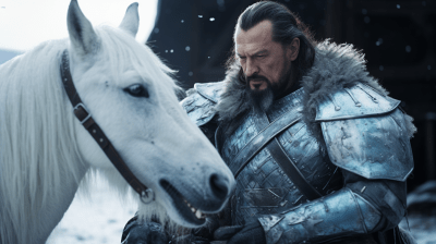 Steven Seagal in Chain Mail Petting Armored Donkey in Winter