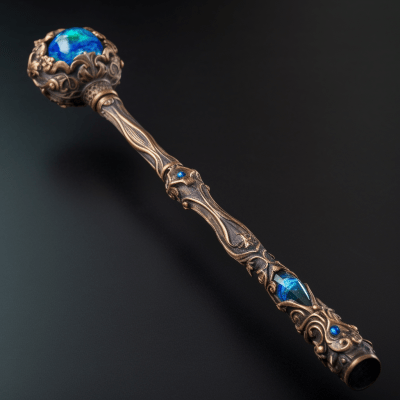 Dark mystical ice staff with sapphire gemstone and long handle
