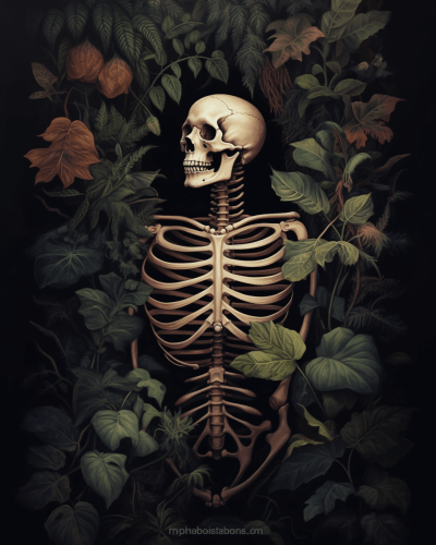 Moody painting of botanical rib cage with aesthetic plant surroundings