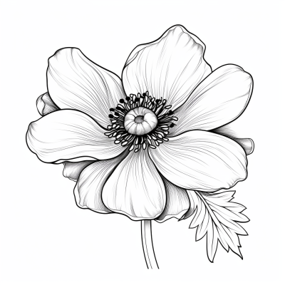 Black and white anemone flower coloring book page, simple style