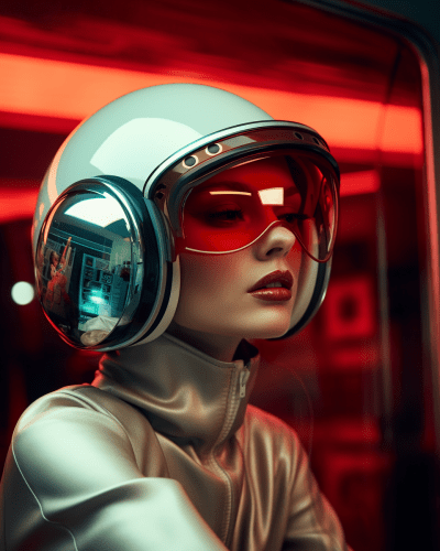 Fashion woman in futuristic outfit with helmet computer at a sci-fi cafe