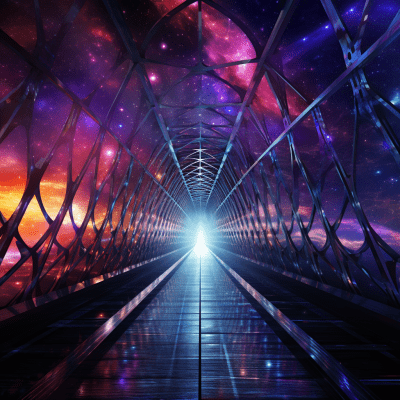 Vibrant kaleidoscopic space bridge with shifting colors