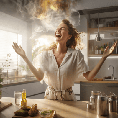 Woman passionately distilling spirits in her modern kitchen