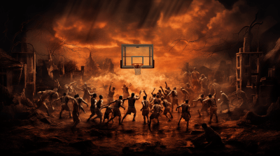 Basketball poster blending lowbrow art with Venetian allegorical style