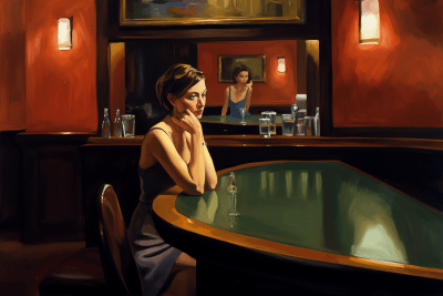 Woman sitting alone in an intimate American bar, Hopper-style