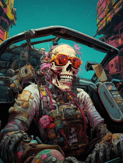 Hyperrealistic robot driving with psychedelic colors in atmospheric landscape