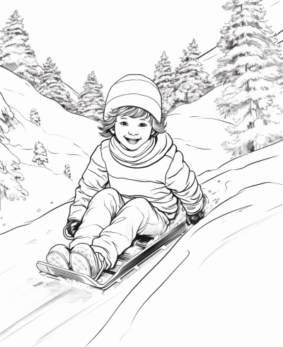 Children sledding down a snowy hill in a black and white illustration
