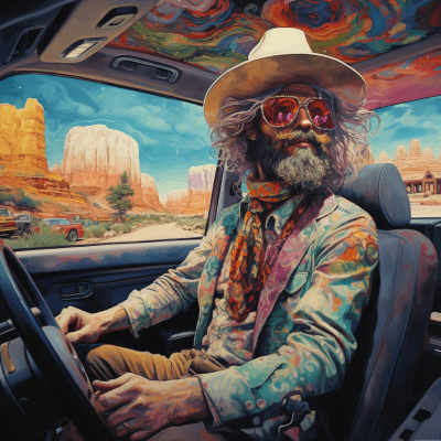Hyperrealistic cowboy driving with psychedelic colors in a surreal style
