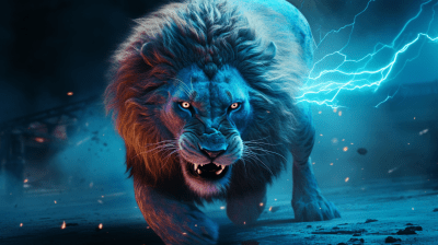 Hyperrealistic furious lion running with vibrant neon highlights