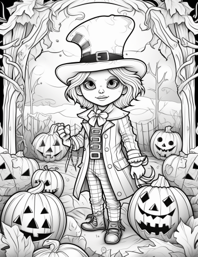 Halloween-themed coloring page for kids in black and white