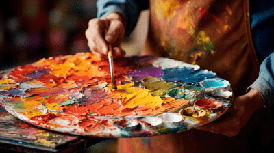 Artist’s hand mixing vibrant oil paints on a palette with a knife